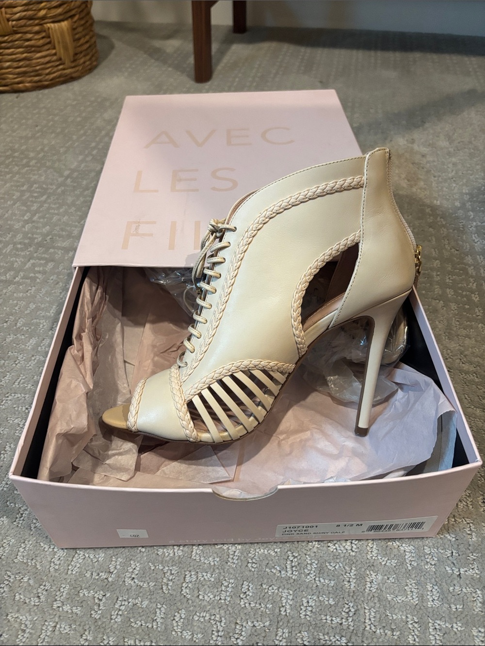 EUC Avec Les Filled Joyce Braided Lace-Up Peep-Toe Stiletto Booties, 8.5